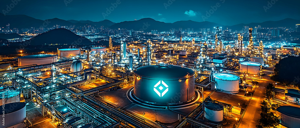Obraz premium Night Refinery, Cityscape, Industrial Production