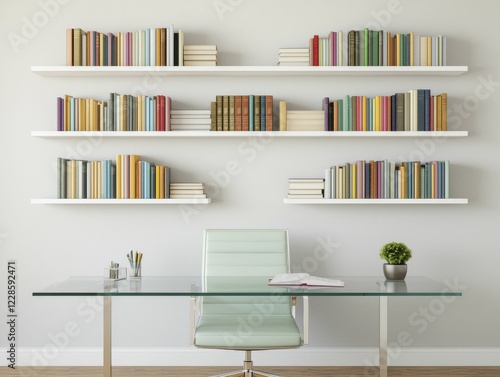 Wallpaper Mural A modern workspace featuring a glass desk, a minimalist chair, and neatly arranged books on floating shelves. Torontodigital.ca