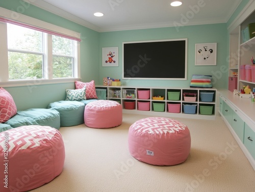 A bright, playful children's room featuring colorful bean bags, a chalkboard, and organized storage, creating an inviting space for learning and play. photo