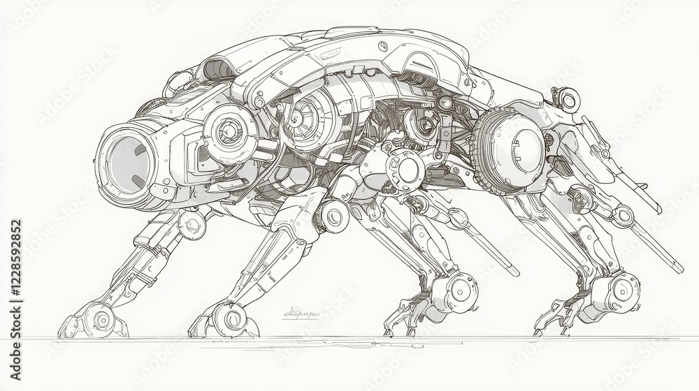 Fototapeta premium Futuristic Mechanical Cybernetic Creature Design in Technical Illustration