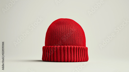 A close up product shot of a red beanie hat made of woven yarn against a plain background