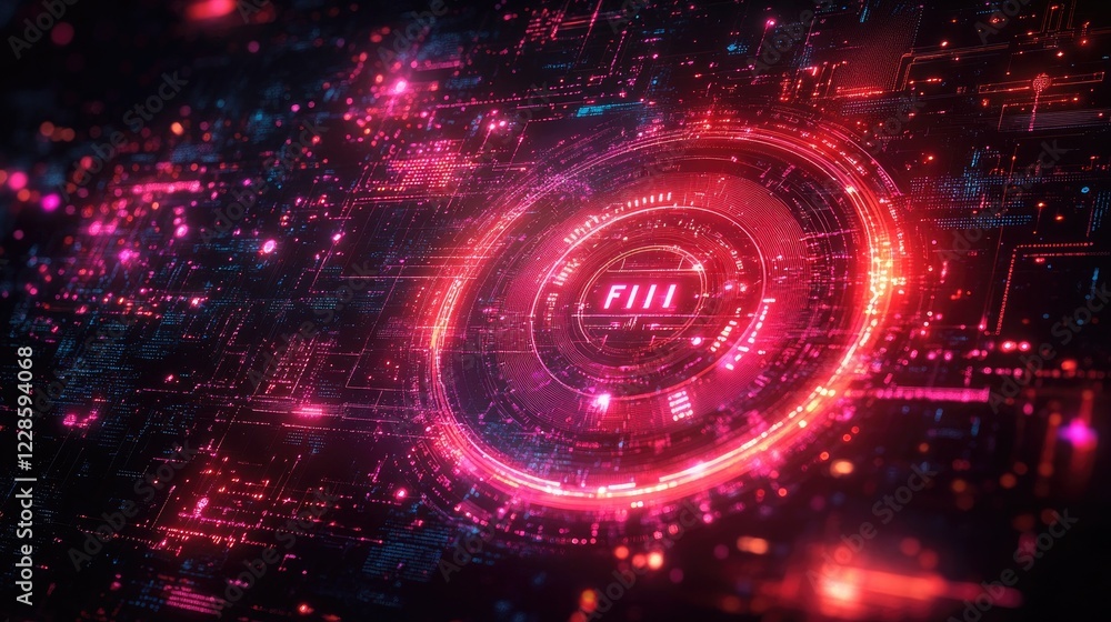 Obraz premium Futuristic digital interface with vibrant neon colors, showcasing intricate circuitry and glowing elements