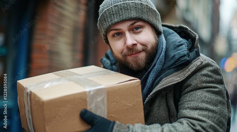 Man delivers package in winter city Man delivers package in winter city