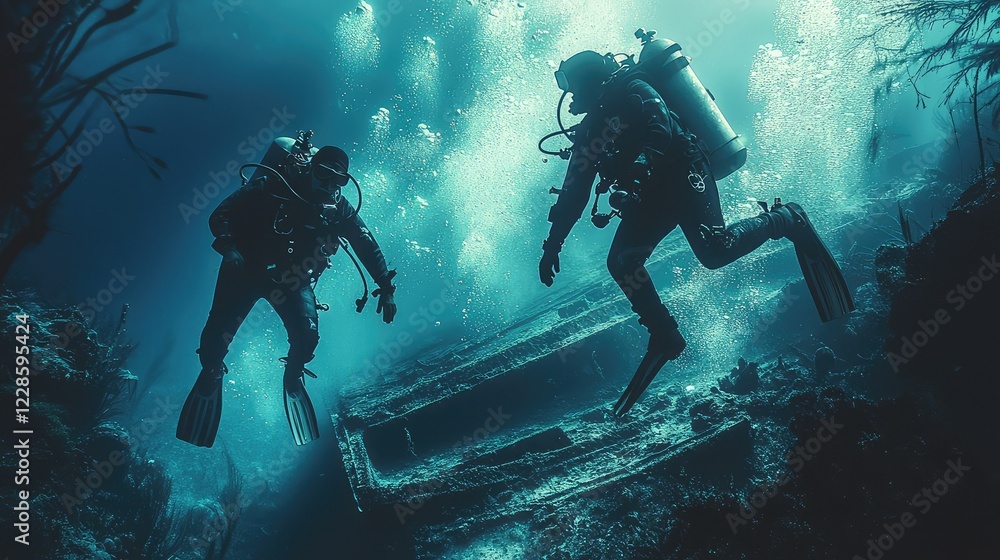 Divers Exploring a Mysterious Underwater Shipwreck Scene Divers Exploring a Mysterious Underwater Shipwreck Scene
