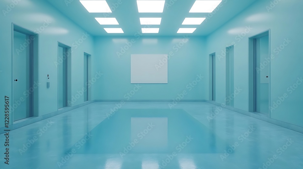 Minimalist Blue Hallway With Doors and Blank Canvas Minimalist Blue Hallway With Doors and Blank Canvas