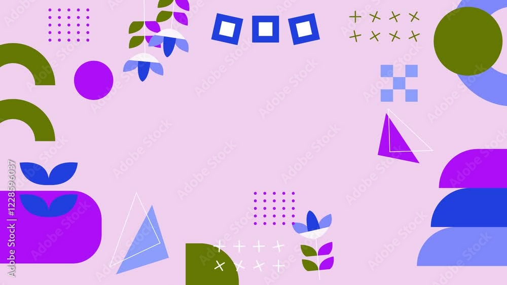 abstract composition featuring colorful geometric shapes and lines on a purple background seamless 4k video background motion pop art design abstract composition featuring colorful geometric shapes and lines on a purple background seamless 4k video background motion pop art design