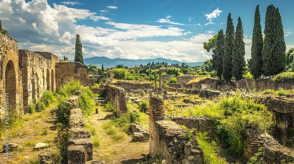 Obraz premium Ancient Ruins Surrounded by Lush Greenery and Blue Skies