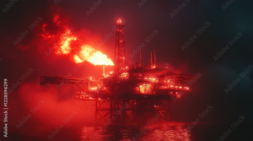 Fototapeta premium Offshore rig with gas flare lighting up the night sky, intense industrial energy