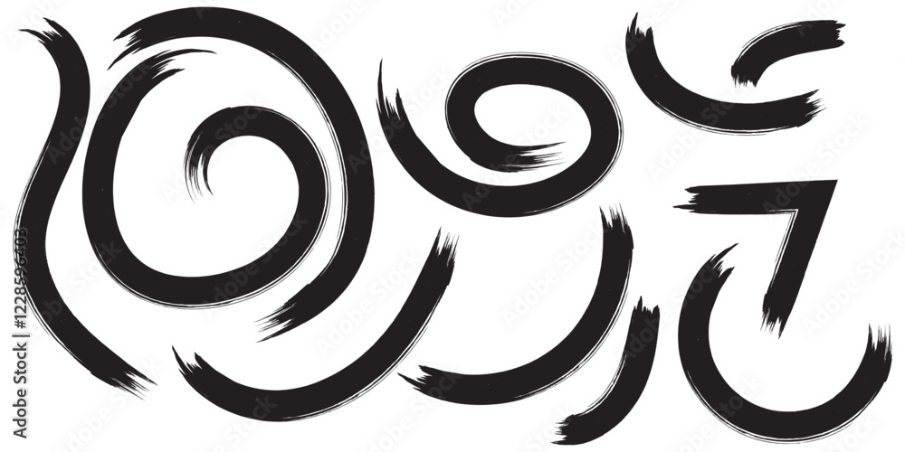 Fototapeta premium Collection various bold brush drawn arrows and squiggle lines. Hand drawn vector quirky spiral arrows and thick emphasis lines. Vector doodle marker symbols. Grunge curved brush strokes for collages.