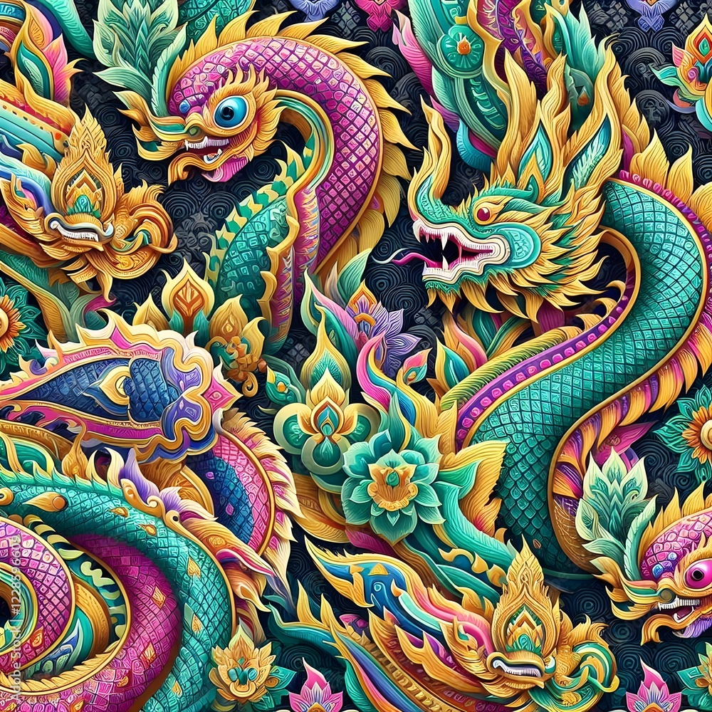 Fototapeta premium travel, temple, culture, religion, buddhism, sculpture, asia, art, architecture, design, gold, colorful, legend, ancient, thai, vibrant, snake, thailand, beautiful, dragon, decoration, golden, tourism