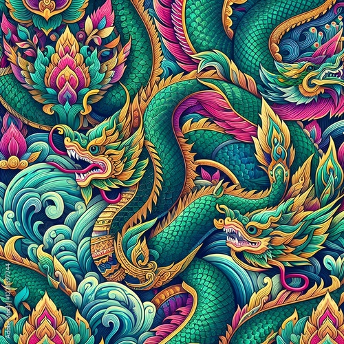 Wallpaper Mural travel, temple, culture, religion, buddhism, sculpture, asia, art, architecture, design, gold, colorful, legend, ancient, thai, vibrant, snake, thailand, beautiful, dragon, decoration, golden, tourism Torontodigital.ca