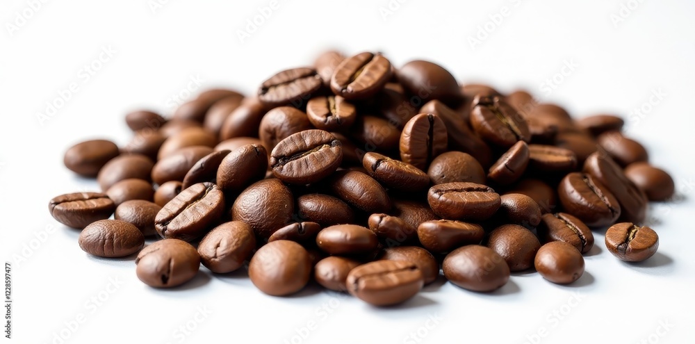 Whole coffee beans in a pile, isolated on white, pile, white background Whole coffee beans in a pile, isolated on white, pile, white background