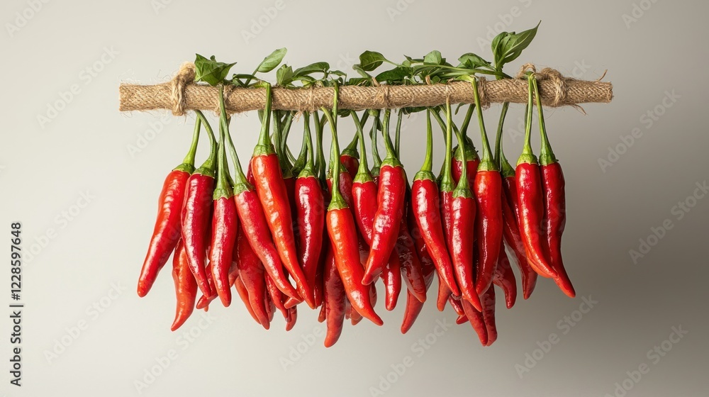 Red chili peppers hanging on a stick against a white background Red chili peppers hanging on a stick against a white background
