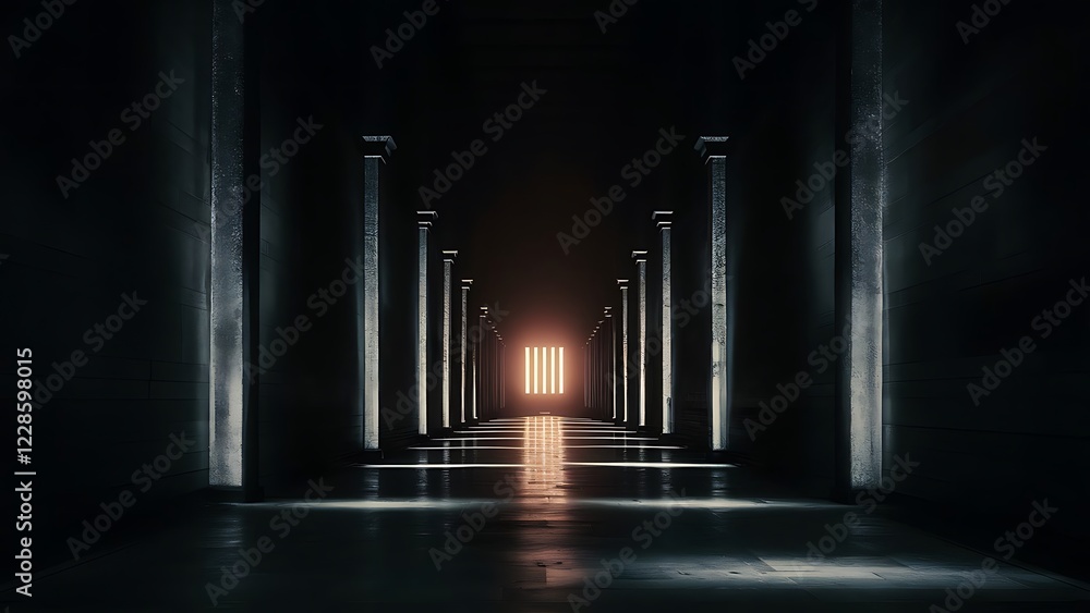 Naklejka premium empty long dark corridor interior with light glow