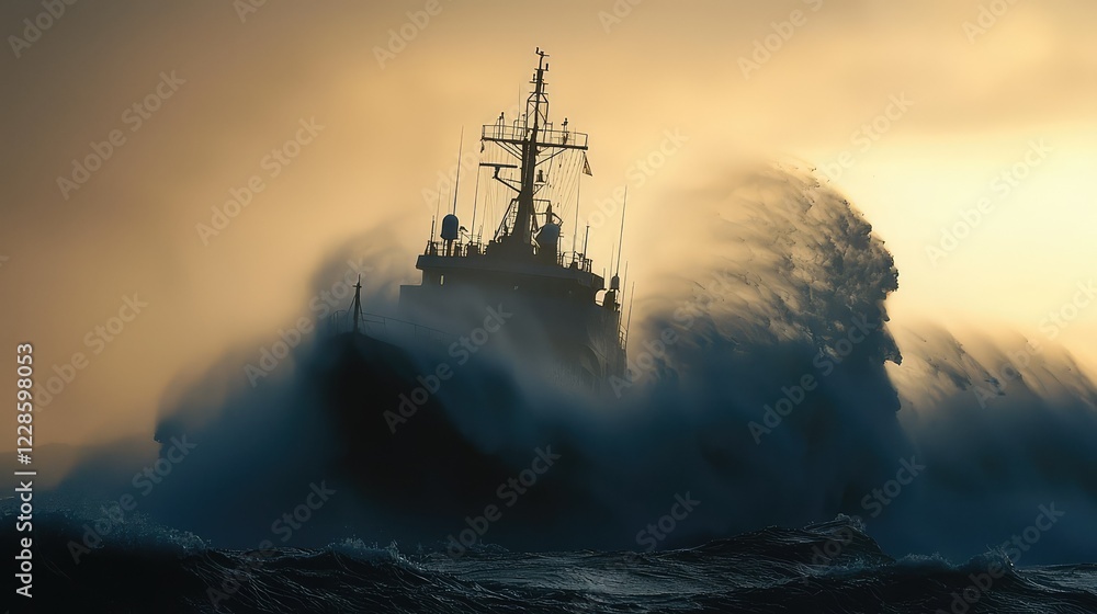 Fototapeta premium Powerful Tugboat Navigating Stormy Seas at Dusk with Majestic Waves