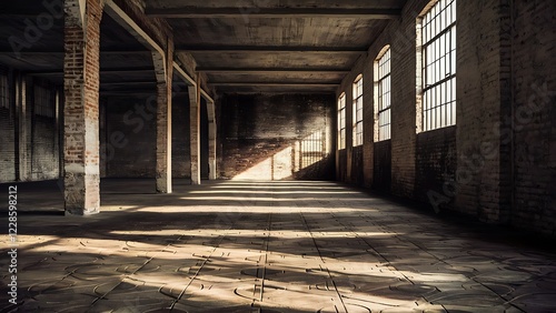 Wallpaper Mural an empty warehouse with a cement patterned floor and brick walls and windows Torontodigital.ca