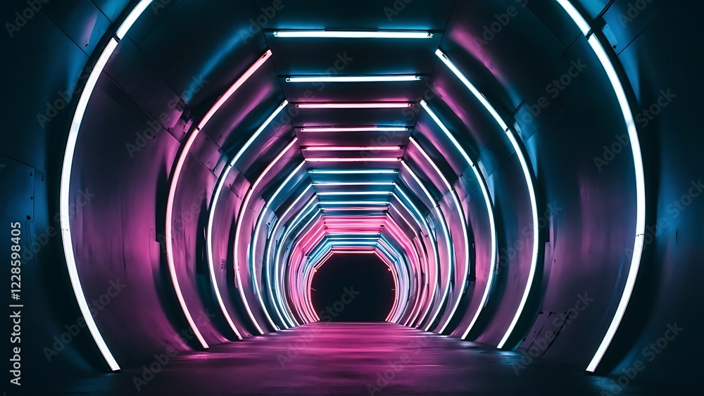 Empty abstract dark tunnel perspective with neon lights illumination Empty abstract dark tunnel perspective with neon lights illumination