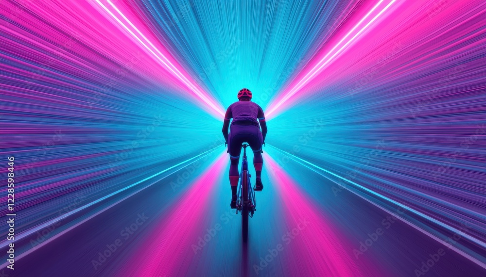Neon aesthetics and sport concept. A cyclist rides through a vibrant, neon tunnel of blue and pink lights. Neon aesthetics and sport concept. A cyclist rides through a vibrant, neon tunnel of blue and pink lights.