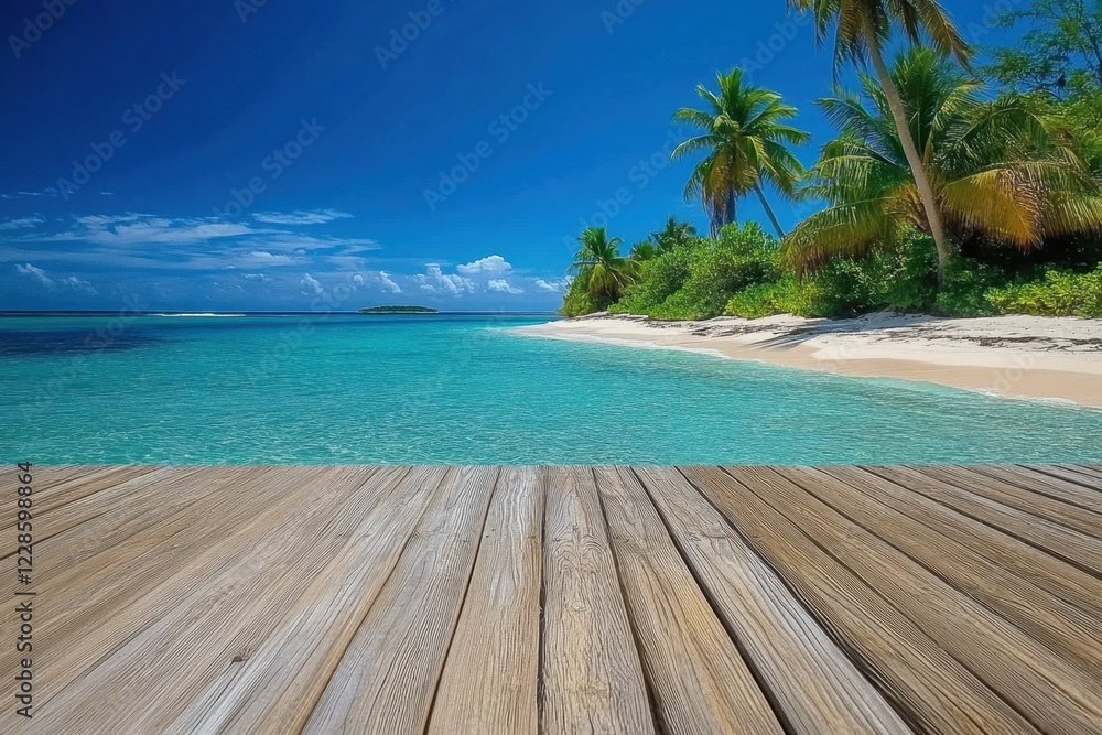 Fototapeta premium Wooden pier with clear blue water and palm trees, tropical beach background, tropical island scenery