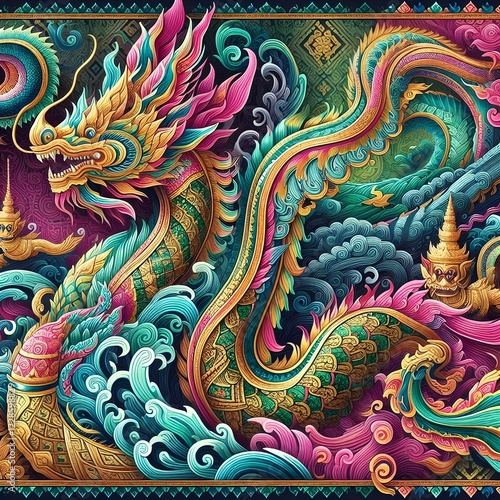 Wallpaper Mural Mythical Naga Serpent – Traditional Thai Art with Gold Details Thai Dragon Naga – Majestic Serpent in Vibrant Colors Torontodigital.ca