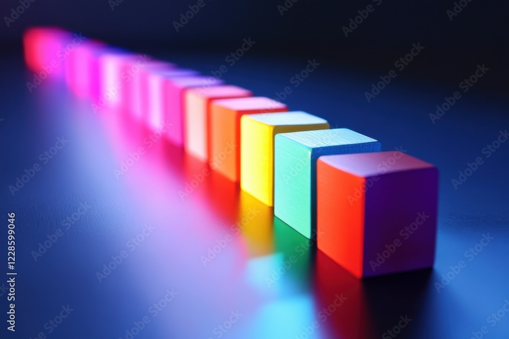 Supply chain illustrated by domino effect with gradient colored blocks with continuous lighting composition and sequential composition