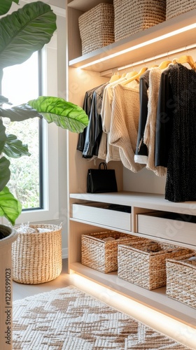 Stylish wardrobe display with natural light and decorative plants.