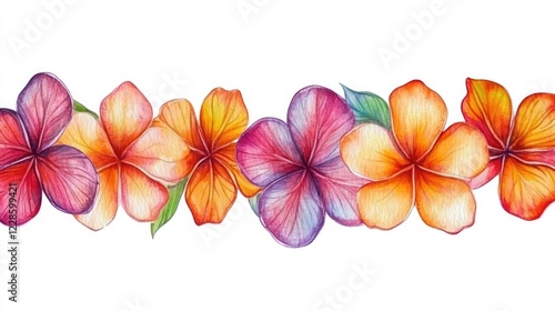 Fototapeta Naklejka Na Ścianę i Meble -  Floral Border of Plumeria: A vibrant watercolor illustration of a delicate border crafted from intricately drawn plumeria flowers in a captivating palette of pink, orange, and yellow.