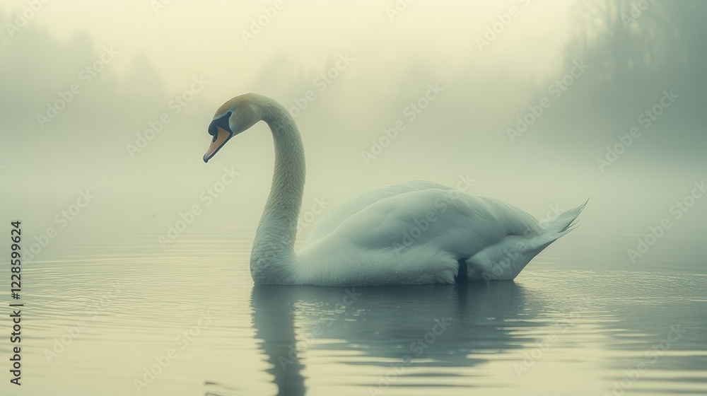 Fototapeta premium Elegant swan gracefully glides on misty lake. Perfect for projects needing serenity, peace, or nature themes.