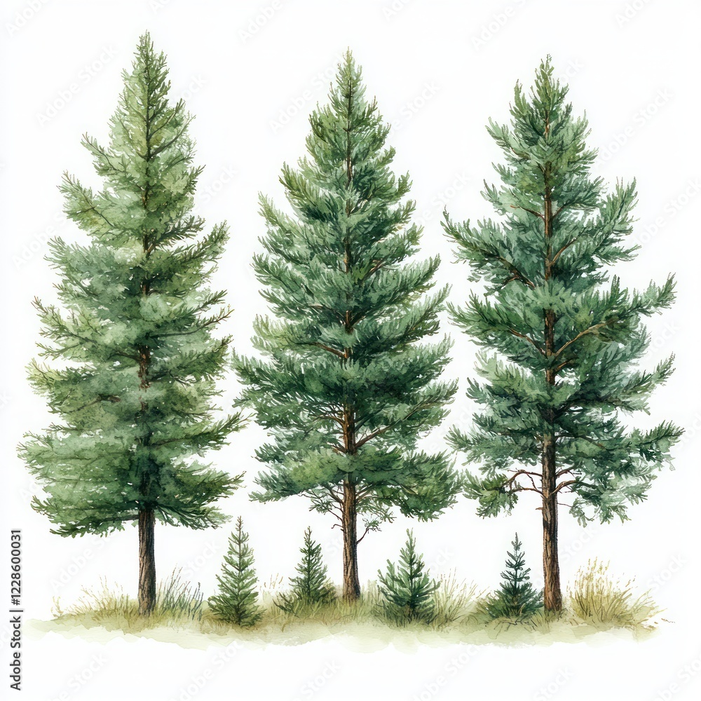 Watercolor Pine Trees Collection Winter Nature Print Hand Drawn Illustration on White Background Watercolor Pine Trees Collection Winter Nature Print Hand Drawn Illustration on White Background