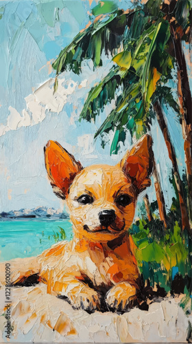 Charming Chihuahua on Tropical Beach: Lively Vector Art of Dog Relaxing Under Palm Trees by Ocean. Perfect for Pet Lovers and Tropical Escape Enthusiasts