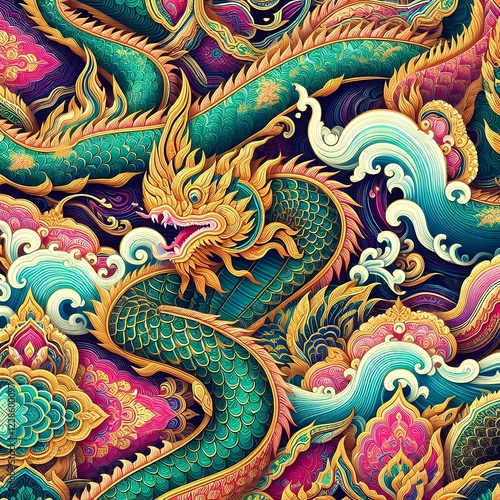 Wallpaper Mural Mythical Naga Serpent – Traditional Thai Art with Gold Details Thai Dragon Naga – Majestic Serpent in Vibrant Colors Torontodigital.ca