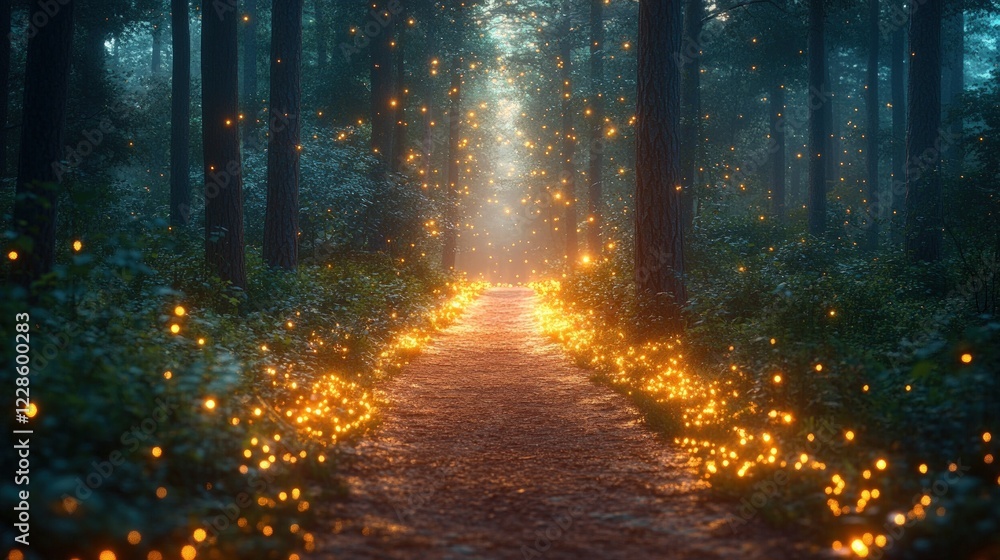 Magical Forest Path Illuminated by Glowing Fireflies and Soft Light During Twilight in a Serene Wilderness Setting Magical Forest Path Illuminated by Glowing Fireflies and Soft Light During Twilight in a Serene Wilderness Setting