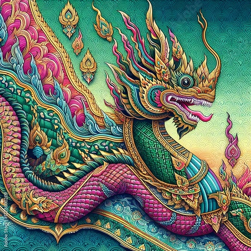 Wallpaper Mural Mythical Naga Serpent – Traditional Thai Art with Gold Details Thai Dragon Naga – Majestic Serpent in Vibrant Colors Torontodigital.ca