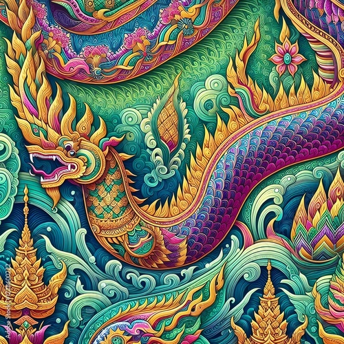 Wallpaper Mural Mythical Naga Serpent – Traditional Thai Art with Gold Details Thai Dragon Naga – Majestic Serpent in Vibrant Colors Torontodigital.ca
