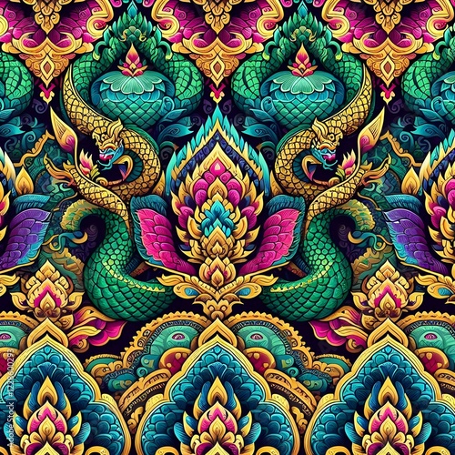 Mythical Naga Serpent – Traditional Thai Art with Gold Details Thai Dragon Naga – Majestic Serpent in Vibrant Colors