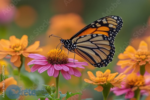 Close-up of Monarch Butterfly on Bright Orange Zinnia in Texas Garden photo