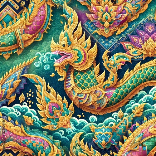 Wallpaper Mural Mythical Naga Serpent – Traditional Thai Art with Gold Details Thai Dragon Naga – Majestic Serpent in Vibrant Colors Torontodigital.ca