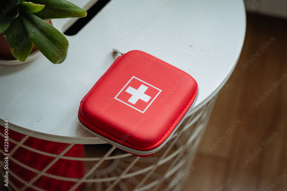 On a clean and pristine white table, a bright red first aid kit is prominently positioned, fully ready for any potential medical emergencies that may arise at any moment On a clean and pristine white table, a bright red first aid kit is prominently positioned, fully ready for any potential medical emergencies that may arise at any moment