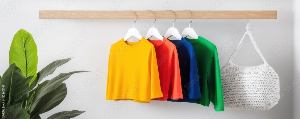 Naklejka premium Vibrant colored tops hung neatly on a wooden display.