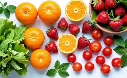 Fresh fruits and vegetables arranged on a clean white background, showcasing healthy food choices and vibrant colors. photo