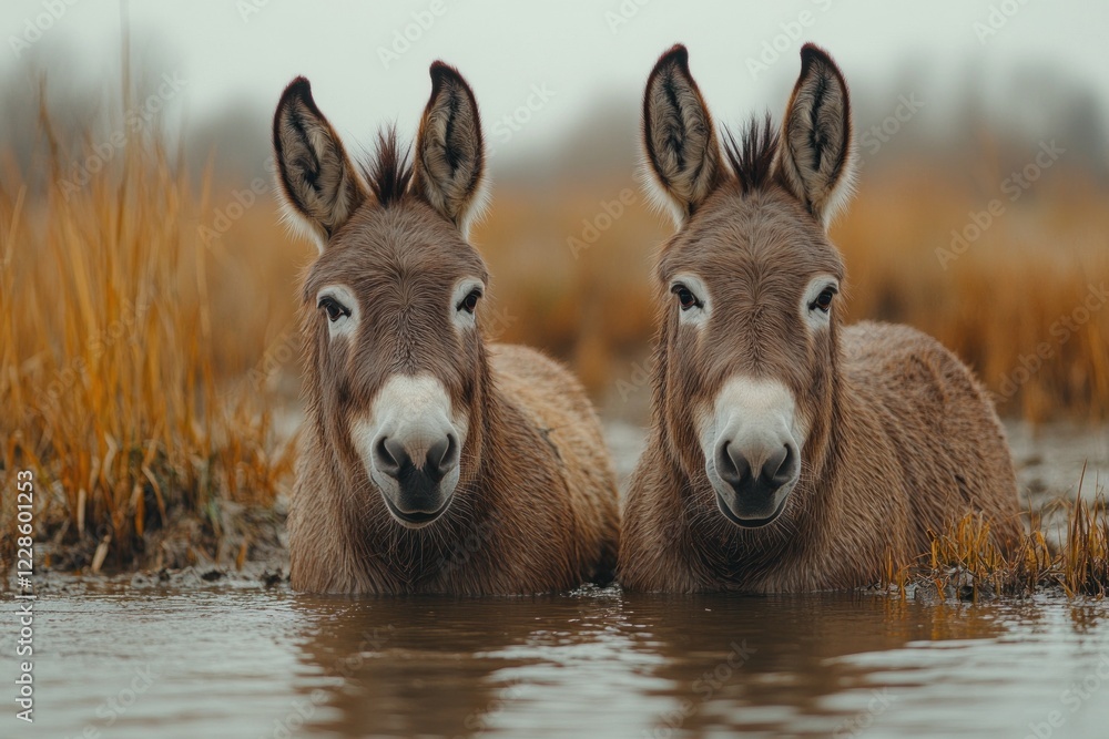 Two Mediterranean Mini Donkeys by Duck Pond on Texas Farm in Winter Two Mediterranean Mini Donkeys by Duck Pond on Texas Farm in Winter