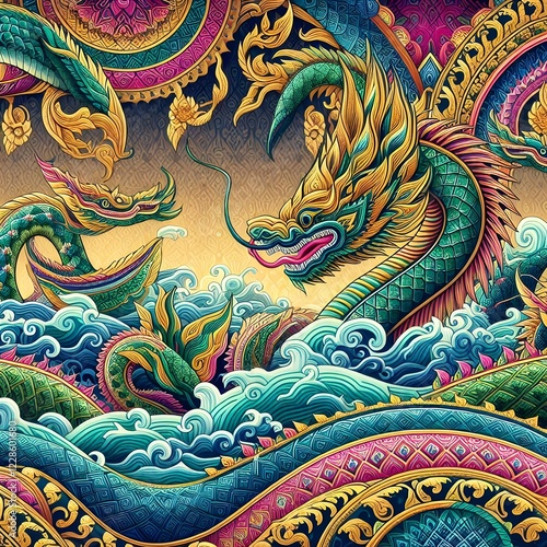 Wallpaper Mural Mythical Naga Serpent – Traditional Thai Art with Gold Details Thai Dragon Naga – Majestic Serpent in Vibrant Colors Torontodigital.ca