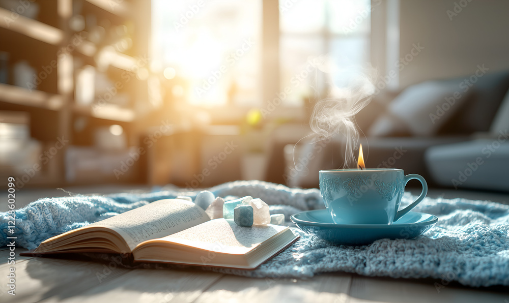A cozy scene featuring a steaming cup of coffee on a knitted blanket next to an open book, illuminated by warm sunlight in a comfortable home setting. A cozy scene featuring a steaming cup of coffee on a knitted blanket next to an open book, illuminated by warm sunlight in a comfortable home setting.