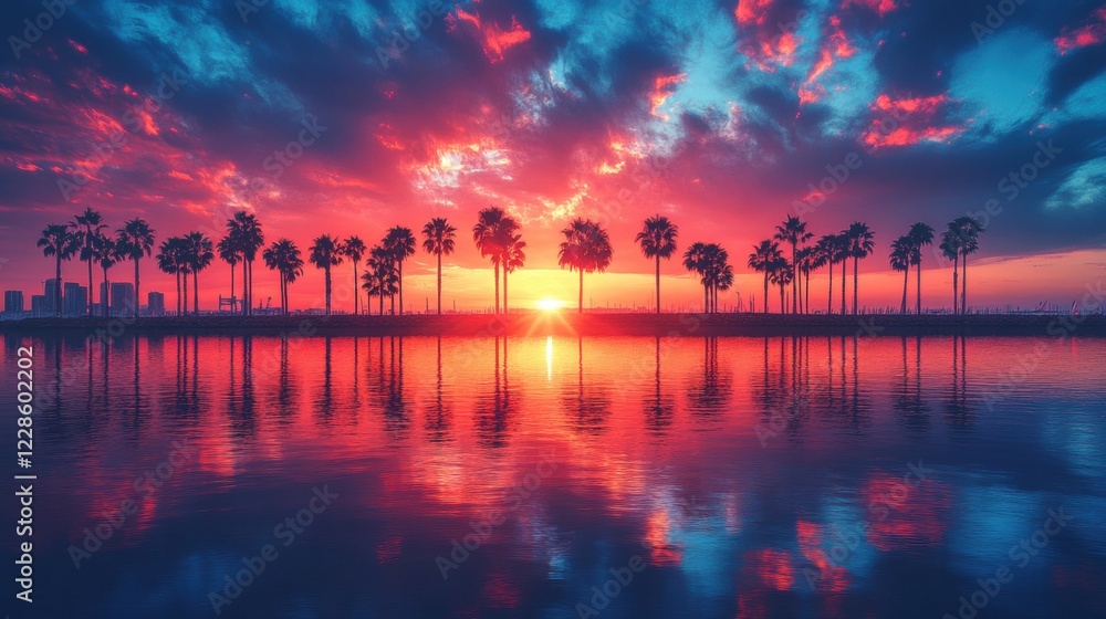 Sunset reflection over calm waters with palm trees urban skyline serene landscape Sunset reflection over calm waters with palm trees urban skyline serene landscape