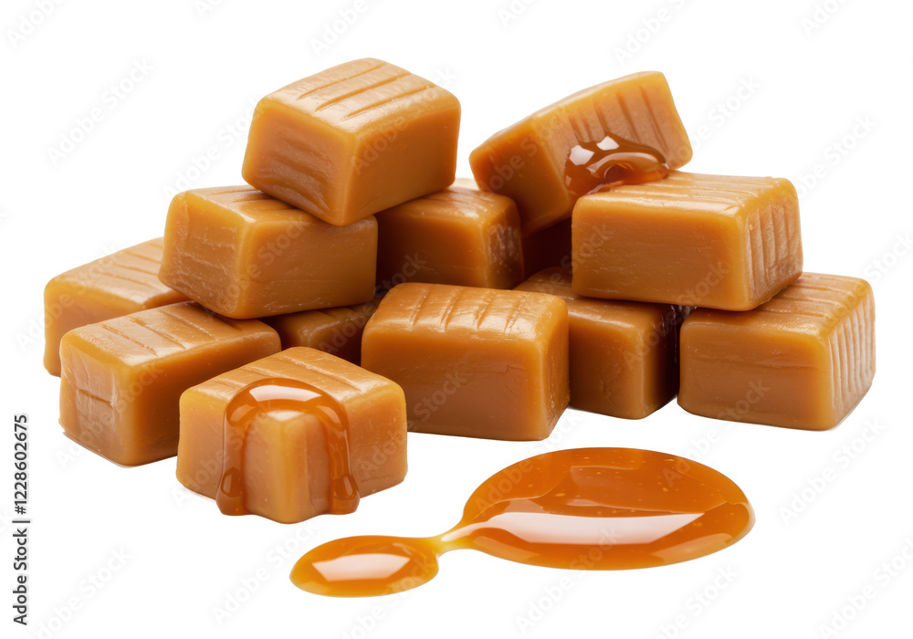 Caramel candies and caramel sauce isolated on white background, front angled view, no depth of field, sharp Caramel candies and caramel sauce isolated on white background, front angled view, no depth of field, sharp