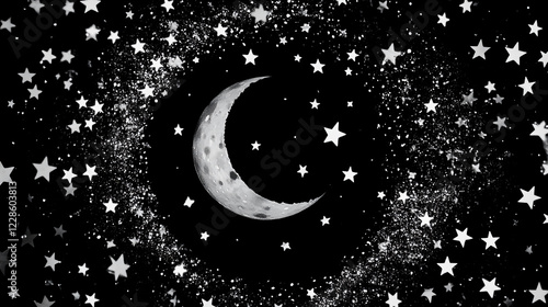 A circular pattern of white stars and a moonin the background on a black, holographic, glittery surface. photo