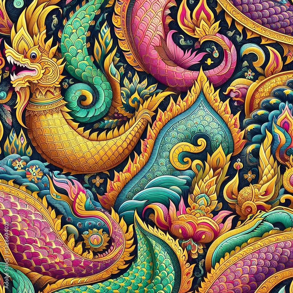 Fototapeta premium Thai Naga Dragon Art – Vibrant Mythological Serpent Colorful Thai Serpent – Mystical Naga in Traditional Art 