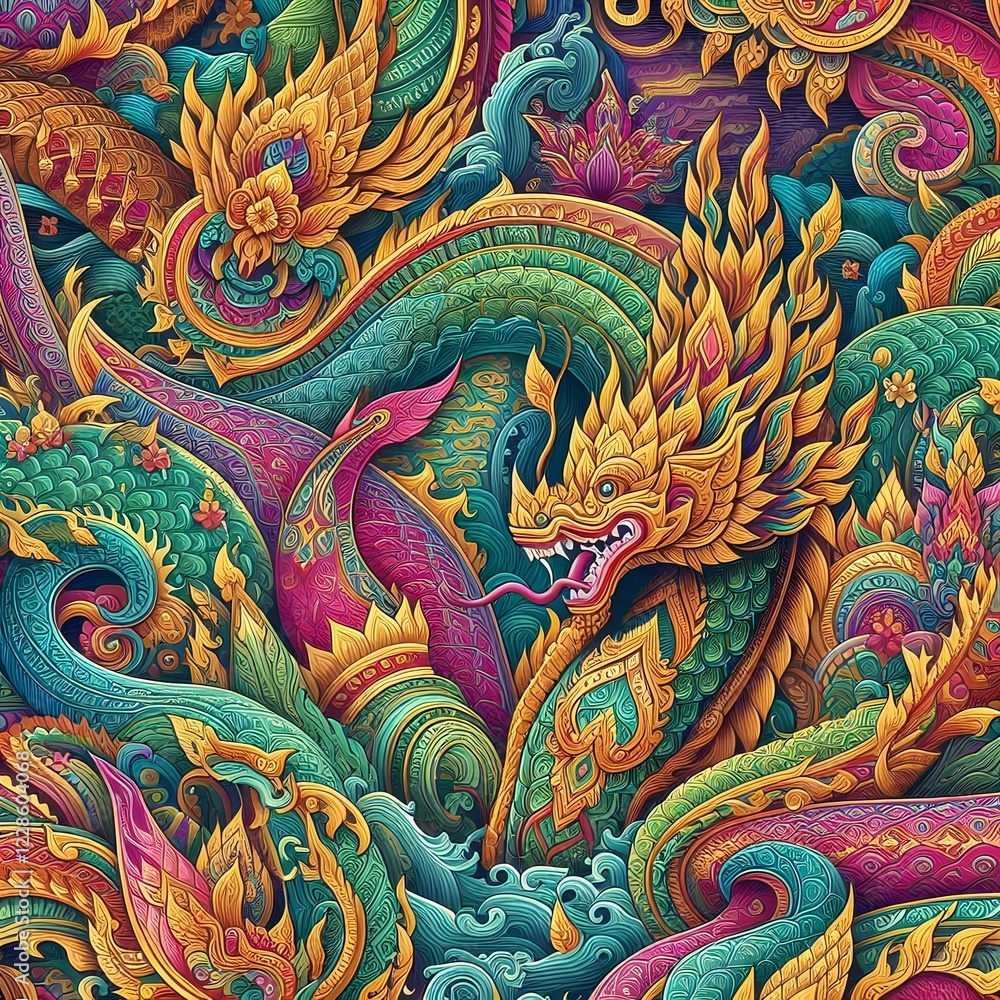 Fototapeta premium Thai Naga Dragon Art – Vibrant Mythological Serpent Colorful Thai Serpent – Mystical Naga in Traditional Art 