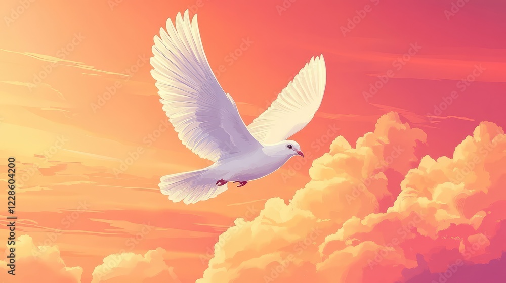 Dove in Sunset Sky: A majestic white dove soars gracefully through a vibrant sunset sky, its wings outstretched against a backdrop of fluffy clouds, symbolizing peace, hope, and freedom. Dove in Sunset Sky: A majestic white dove soars gracefully through a vibrant sunset sky, its wings outstretched against a backdrop of fluffy clouds, symbolizing peace, hope, and freedom.