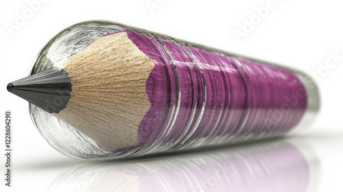 unique transparent pencil with visible purple graphite core in a glass encasement for conceptual and artistic representation and contemporary 3d illustration design
